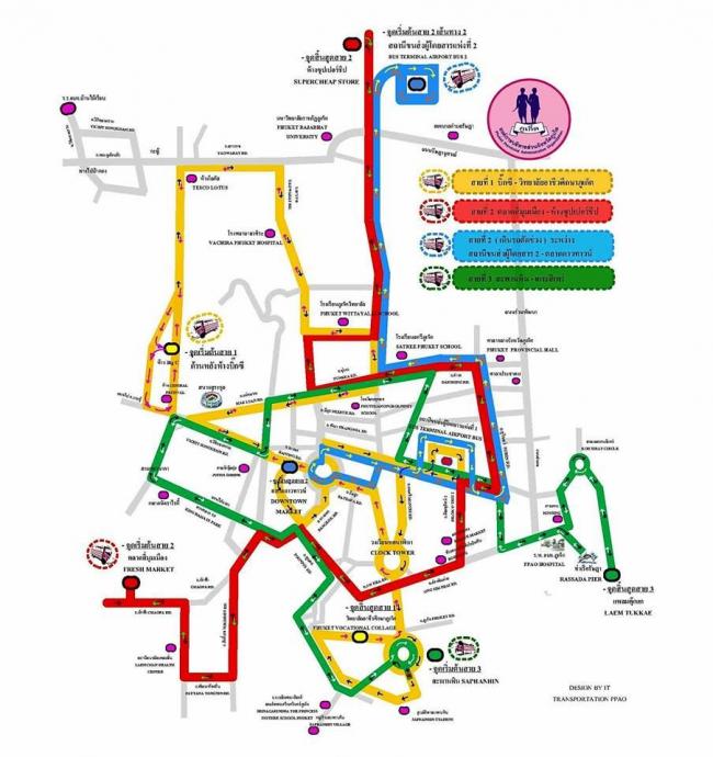 Карта маршрутов розовых автобусов в Пхукет Тауне